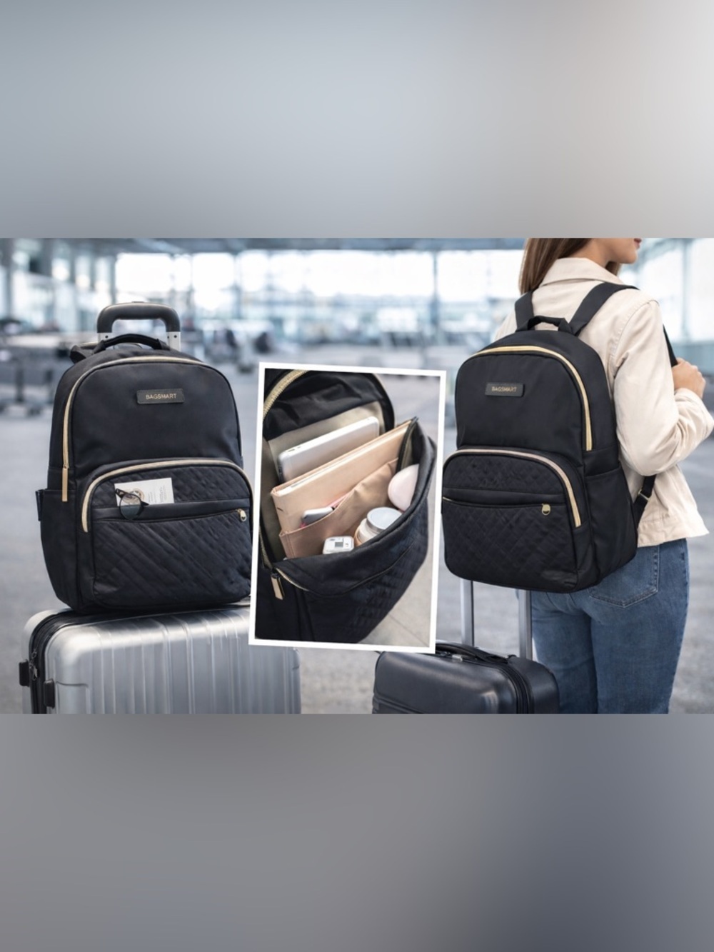 Black Quilted Travel Backpack with Gold Trim